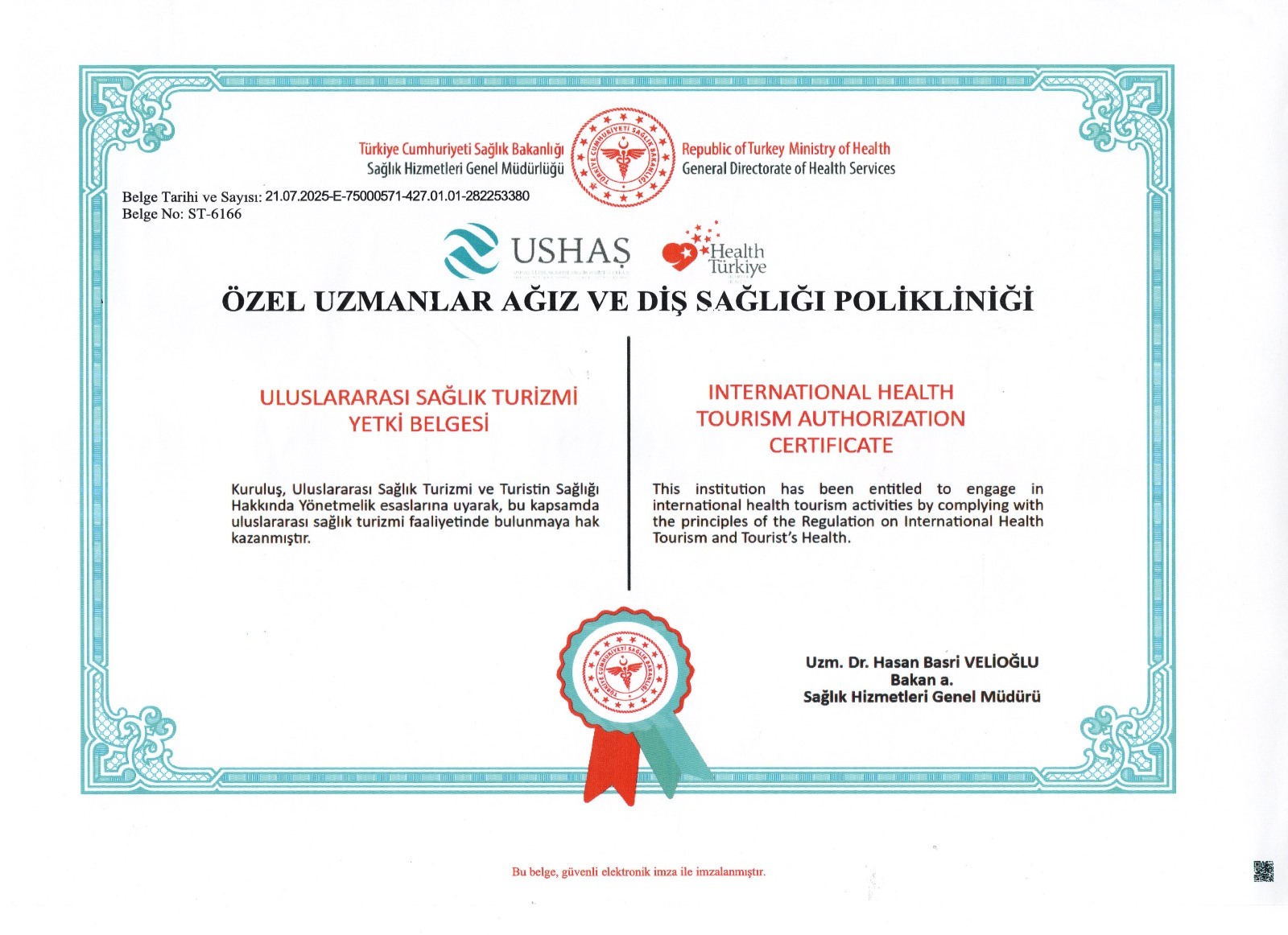 Uluslararası Sağlık Turizmi Yetki Belgesi